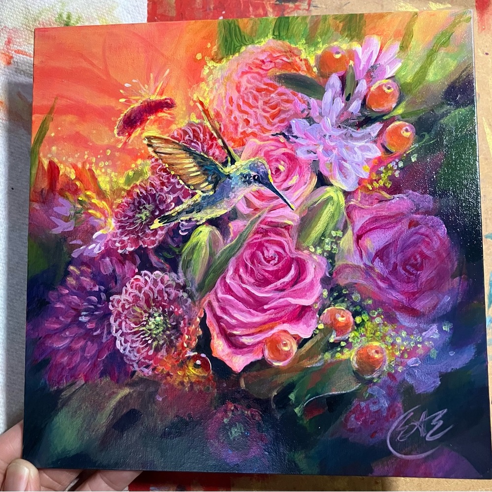 Original hummingbird floral painting art bouquet flowers ladybug bumblebee EAE